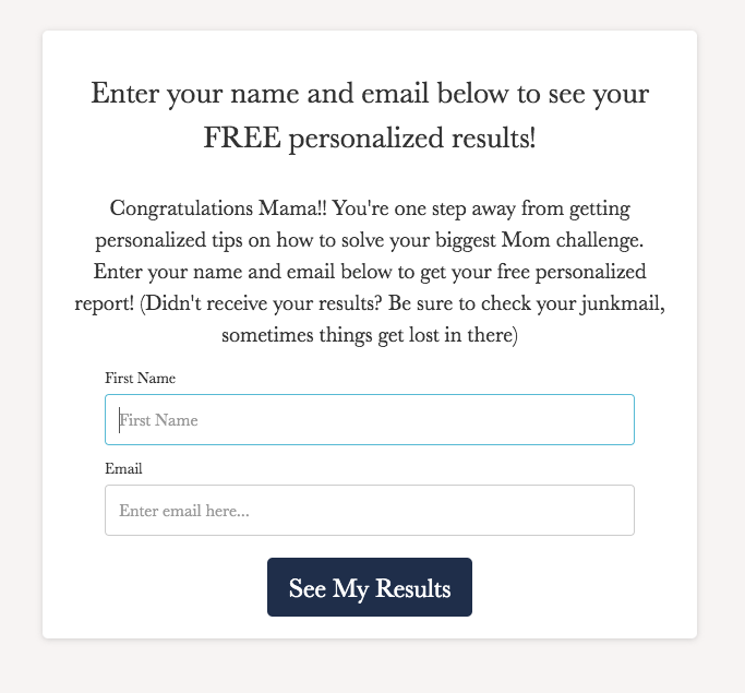 form to optin to email list to get quiz results
